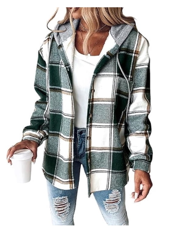 Jackets for Women Plaid Hooded Long Sleeve Casual Shacket Lightweight Fleece Lined Coat Green-M
