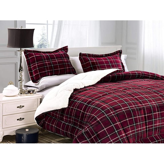 Plaid Pattern Micromink Sherpa-Backing Reversible Down Alternative Micro-Suede 2-Piece Comforter Set Twin Burgundy