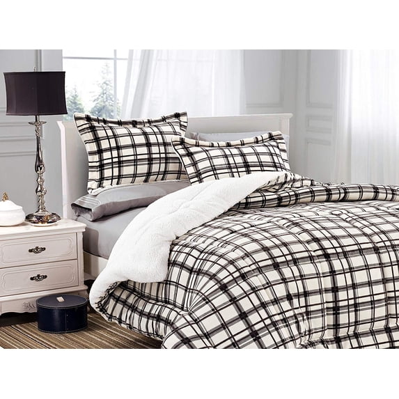 Plaid Pattern Micromink Sherpa-Backing Reversible Down Alternative Micro-Suede 3-Piece Comforter Set King Taupe