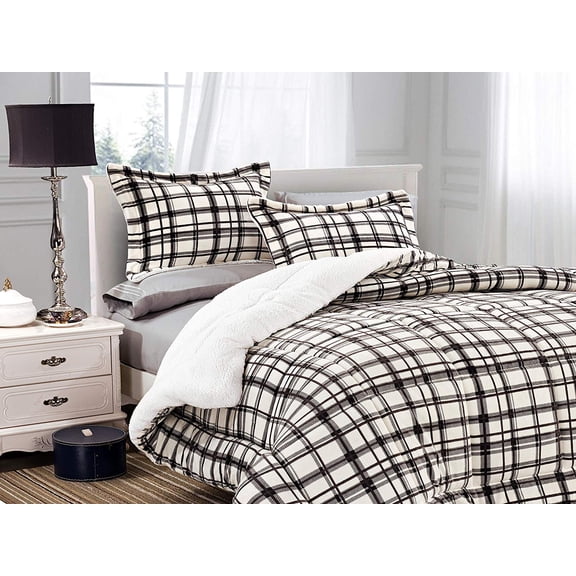 Plaid Pattern Micromink Sherpa-Backing Reversible Down Alternative Micro-Suede 3-Piece Comforter Set King Taupe