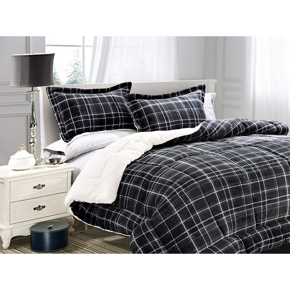 Plaid Pattern Micromink Sherpa-Backing Reversible Down Alternative Micro-Suede 3-Piece Comforter Set Queen Black