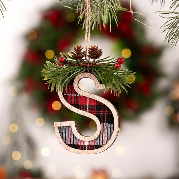 Plaid Pattern Monogram Christmas Ornament, Personalized Initial Christmas Tree Ornaments, Xmas Stocking Tag, Farmhouse Rustic Wooden Monogram Decoration - Letter S