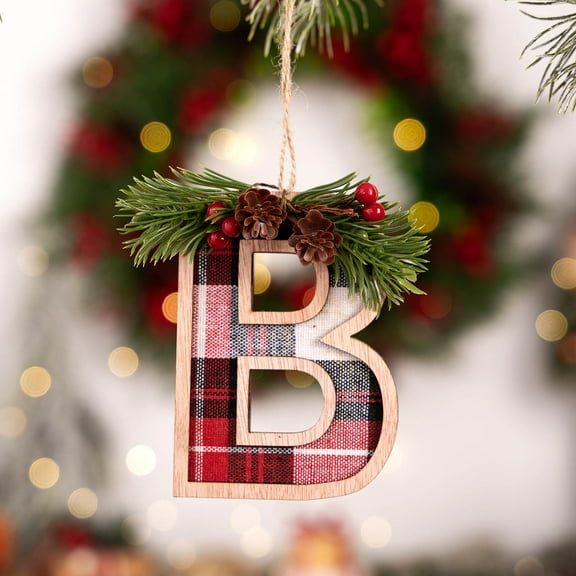 Plaid Pattern Monogram Christmas Ornament, Personalized Initial Christmas Tree Ornaments, Xmas Stocking Tag, Farmhouse Rustic Wooden Monogram Decoration - Letter B