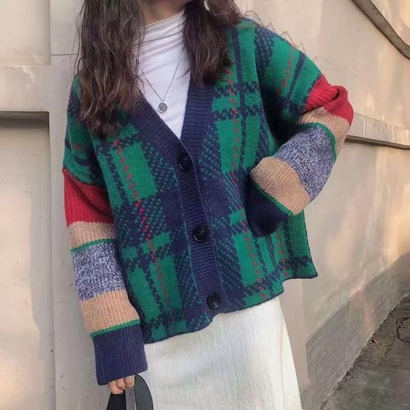 Plaid Pattern Oversized Cardigan (FreeSize, Green)