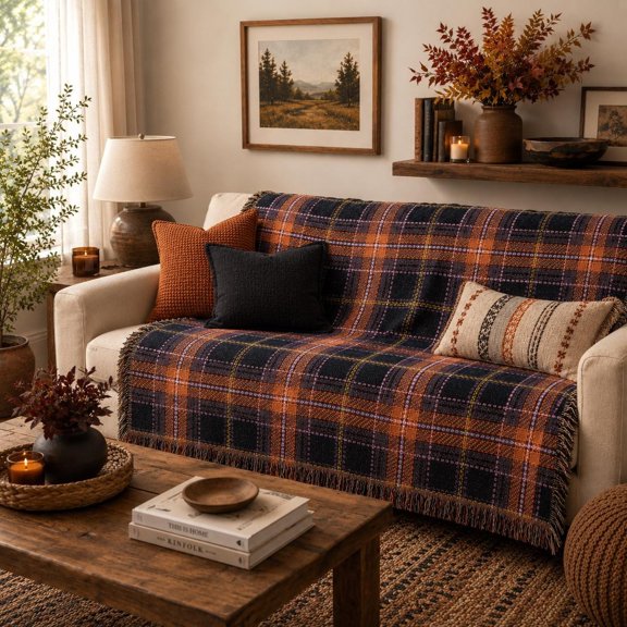 Plaid Pattern Tartan Woven Throw Blanket, Cotton with Fringed Edges for Sofa Accent