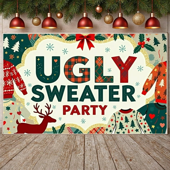 Plaid Pattern Ugly Sweater Banner Reindeer Design Christmas Display Snowflake Print Festive Holiday Backdrop for Ugly Sweater Party Christmas Party Holiday Gathering