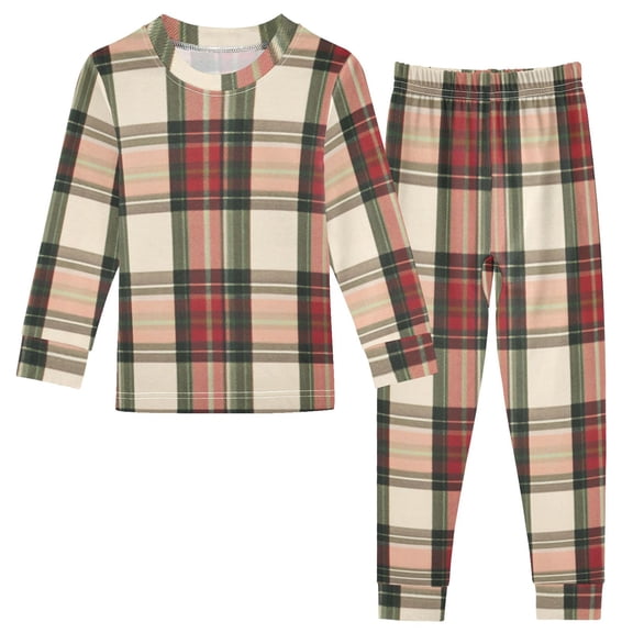 Plaid Pattern with Mixture Colors Cotton Pajama Set Long Sleeve Top and Pants Sleepwear Unisex 8Y