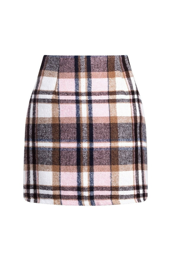 Plaid Patterned High Waist Mini Skirt for Women Classic Straight Fit Soft Fabric Above Knee Length Skirt Brown 2XL
