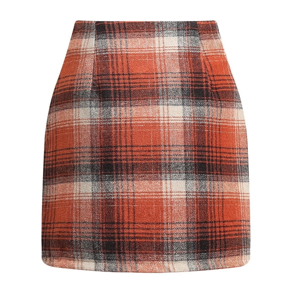 Plaid Patterned High Waist Mini Skirt for Women Classic Straight Fit Soft Fabric Above Knee Length Skirt Saffron L