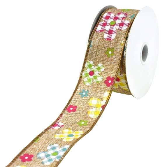 Plaid Patterned Spring Flowers Wired Ribbon, 1-1/2-inch, 10-yard, Natural
