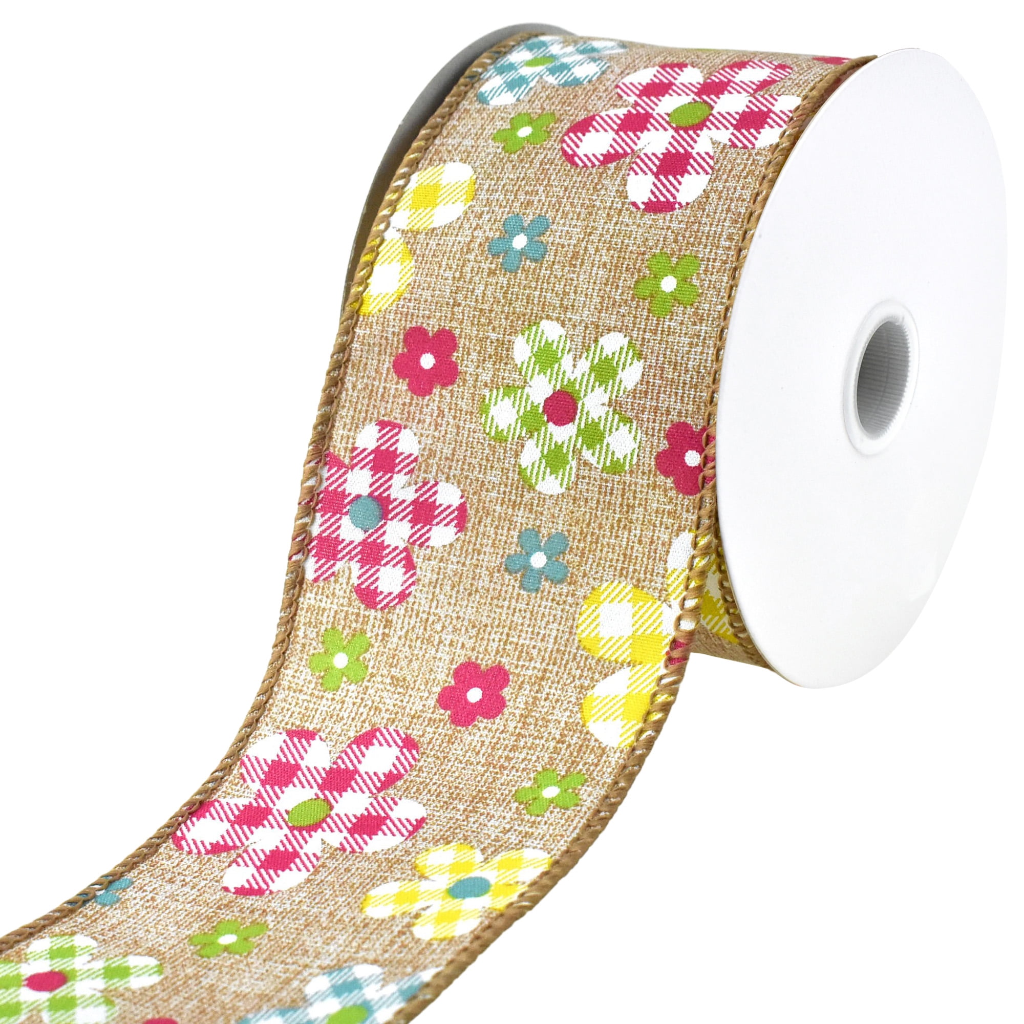 Spring Flower Ribbon Plaid Patterned Spring Flowers Wired Ribbon, 2-1/2-inch, 10-yard ...