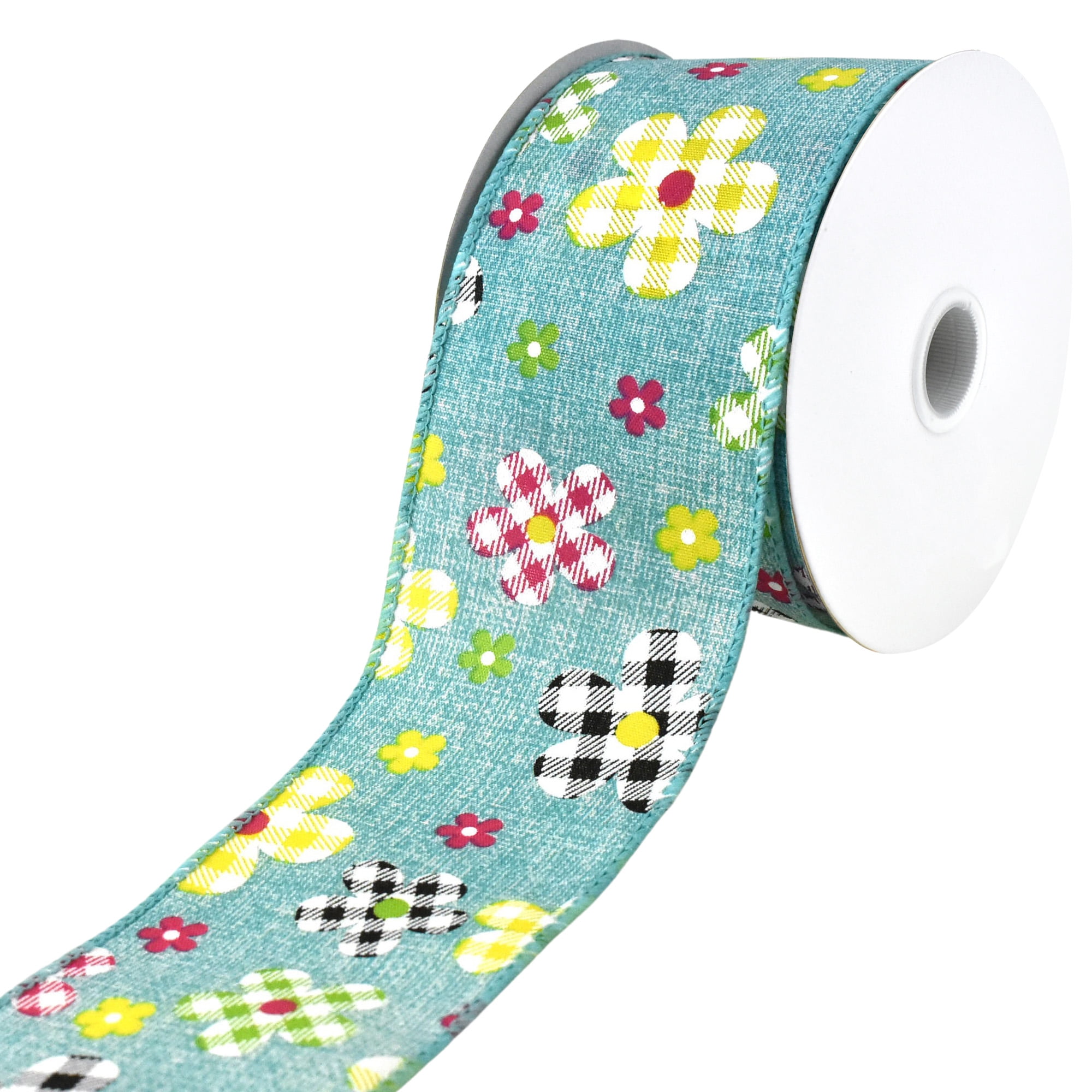 Plaid Patterned Spring Flowers Wired Ribbon, 2-1/2-inch, 10-yard, Teal ...