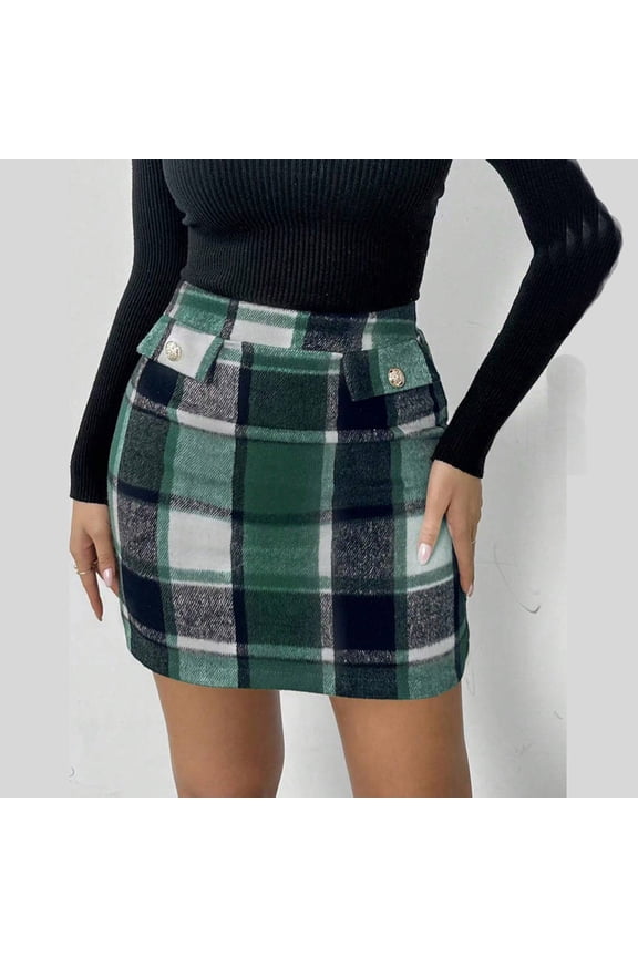 Plaid Pencil Skirts for Women Vintage High Waisted Mini Skirt Casual Flannel Bodycon Skirts Green M