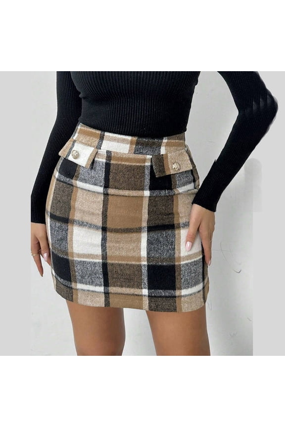 Plaid Pencil Skirts for Women Vintage High Waisted Mini Skirt Casual Flannel Bodycon Skirts Khaki XXL