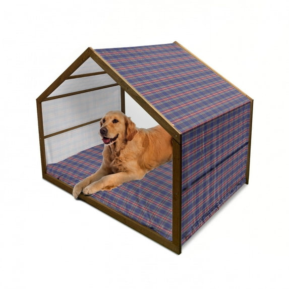 Plaid Pet House, Old Fashioned Scottish Tartan Country Style Geometric Look Abstract Arrangement, Outdoor & Indoor Portable Dog Kennel with Pillow and Cover, 5 Sizes, Indigo Purple, by Ambesonne