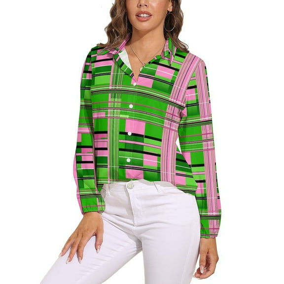 Plaid Pink & Green Long Sleeve Blouse Woman Streetwear Casual Shirts Summer Oversize Woman Streetwear Clothing Birthday Present
