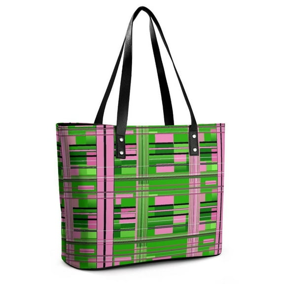 Plaid Pink & Green Woman Leather Handbags Large Tote Bag Fashion Portable Handbags With Zipper