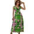 thumbnail image 1 of Plaid Pink & Green Womens Night Club Maxi Dress V Neck Sleeveless Bohemia Long Dresses, 1 of 9