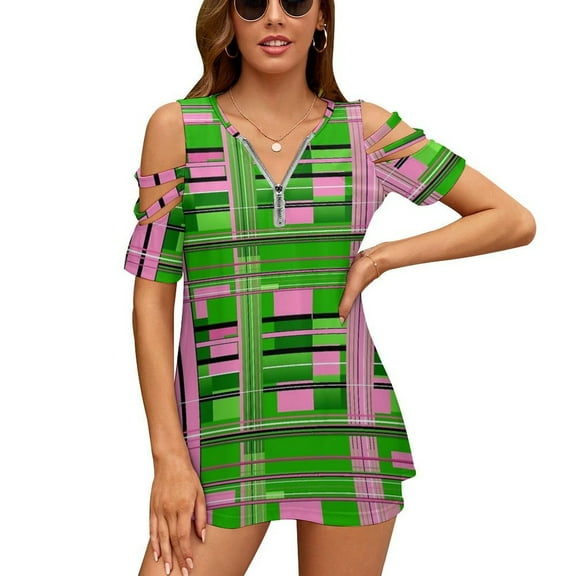 Plaid Pink & Green Womens Summer V Neck Zipper Top Short Sleeve T Shirt Off Shoulder Top Casual Classy Loose Shirts