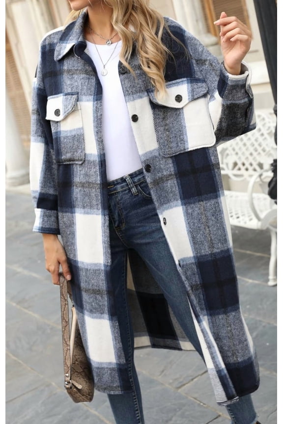 Plaid Pocketed Long Woolen Duster (M, Grey)