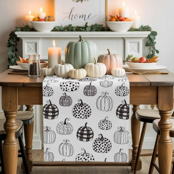 Plaid Polka Dots Pumpkin Cotton Linen Table Runner, Washable Table Runners for Kitchen, Dining Room, Holiday, Home Party Table Decor, 13x90 Inches