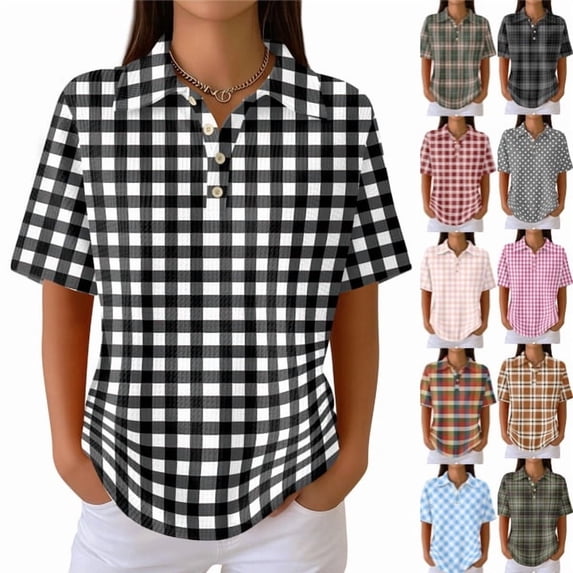 Plaid Polo Shirts for Women Waffle Button Collared Summer Short Sleeve Tops Lightweight Work Golf Shirt Womens Blouses Black M