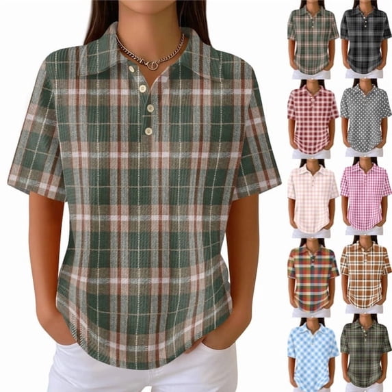 Plaid Polo Shirts for Women Waffle Button Collared Summer Short Sleeve Tops Lightweight Work Golf Shirt Womens Blouses Gray M