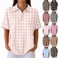 thumbnail image 1 of Plaid Polo Shirts for Women Waffle Button Collared Summer Short Sleeve Tops Lightweight Work Golf Shirt Womens Blouses Pink 3XL, 1 of 8