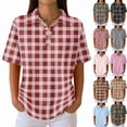 thumbnail image 1 of Plaid Polo Shirts for Women Waffle Button Collared Summer Short Sleeve Tops Lightweight Work Golf Shirt Womens Blouses Red M, 1 of 8