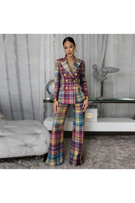 Plaid Power Suit with Wide-Leg Pants