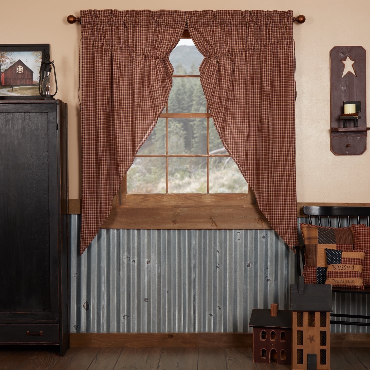 VHC Brands Patriotic Patch Window Curtains, Plaid Prairie Short Panel Set of 2, Red, 36x63x18