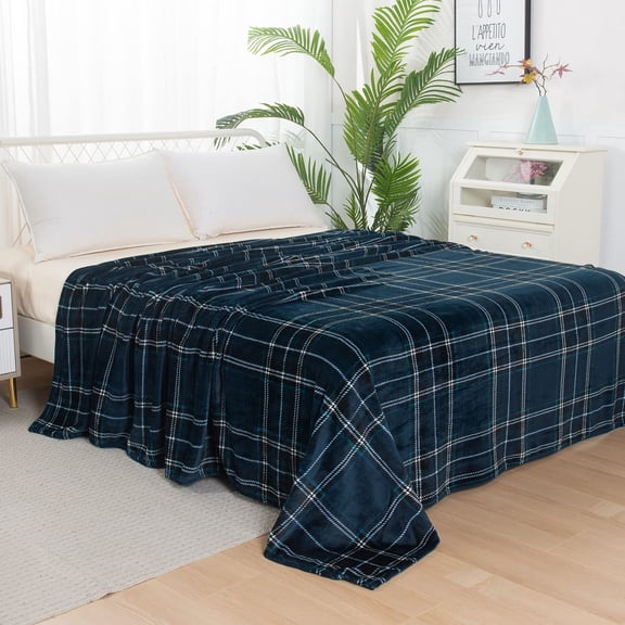 Plaid Print All Season Fleece Blanket - Anti-Static - Plush, Soft and Cozy, Full/Queen, Navy Blue