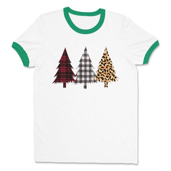 Plaid Print Christmas Trees Ringer Tee Shirt Unisex X-Large White/Kelly Green