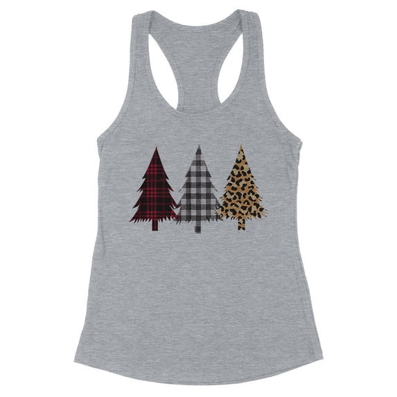 Plaid Print Christmas Trees Tank Top Fitted Racerback Women's Medium Heather Grey