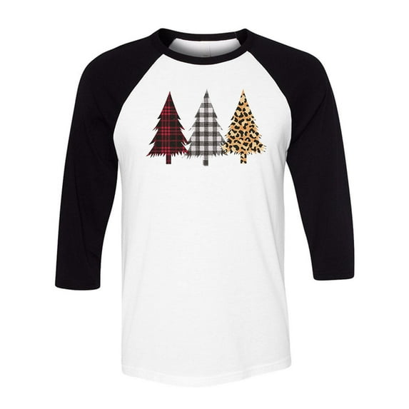Plaid Print Christmas Trees Three-Quarter Raglan Sleeve Baseball Shirt Unisex Large White/Black