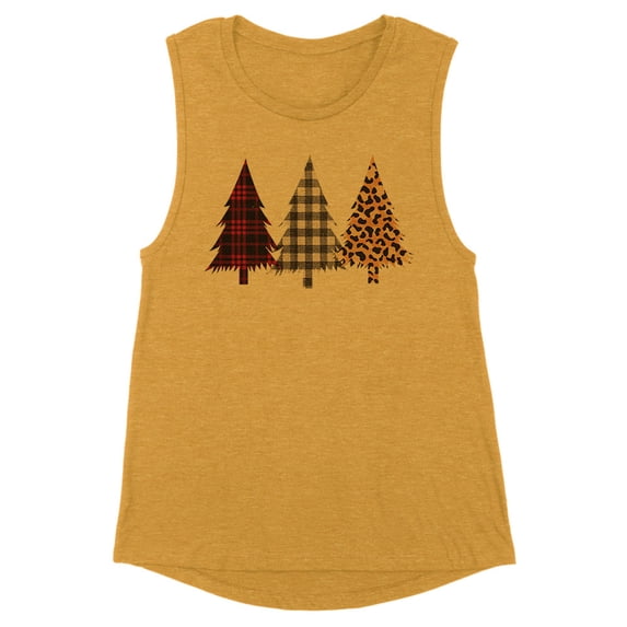 Plaid Print Christmas Trees Women's Muscle Tank X-Large Antique Gold