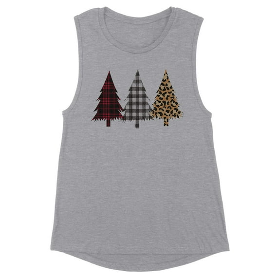Plaid Print Christmas Trees Women's Muscle Tank X-Large Heather Grey