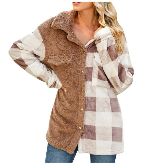Plaid Print Flannel Jacket for Women Lapel Button Shirt Jacket Long Sleeve Shirt Jacket Pocket Double Fleece Jacket