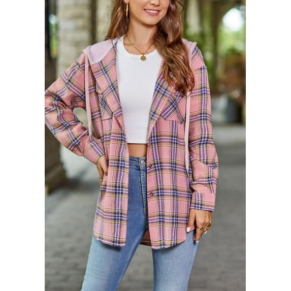 Plaid Print Hooded Shacket, Pink, Large