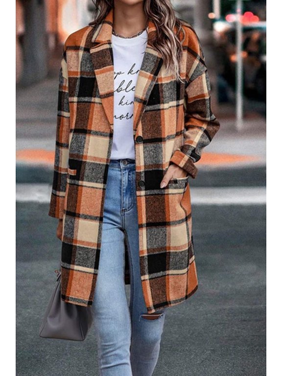 Plaid Print Long Body Front Open Suit Jacket