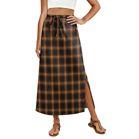 Plaid Print Maxi Skirt for Women, Drawstring Elastic Waist Long Skirt with Pockets, Casual Side Slit A-Line Slacks, Checkered Bottoms
