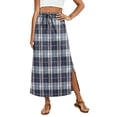 thumbnail image 1 of Plaid Print Maxi Skirt for Women, Drawstring Elastic Waist Long Skirt with Pockets, Casual Side Slit A-Line Slacks, Checkered Bottoms, 1 of 6