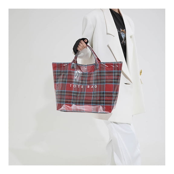 Plaid Print PVC Tote Bag for Women, Waterproof Plastic Handbag with Large Capacity for Shopping, Work, Travel, and Festive Gifting, Durable and Fashionable Design