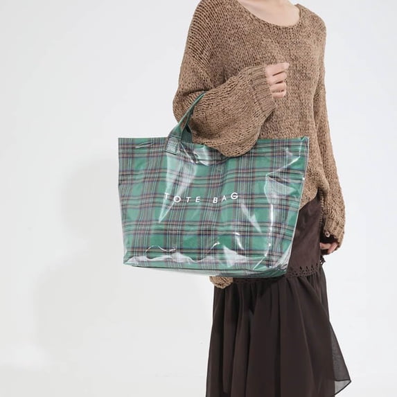Plaid Print PVC Tote Bag for Women, Waterproof Plastic Handbag with Large Capacity for Shopping, Work, Travel, and Festive Gifting, Durable and Fashionable Design