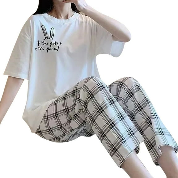 Plaid Print Pajama Set for Women - Short Sleeve Top & Relaxed Pants, Cute Cartoon-Themed Sleepwear Two-Piece Outfit,White L