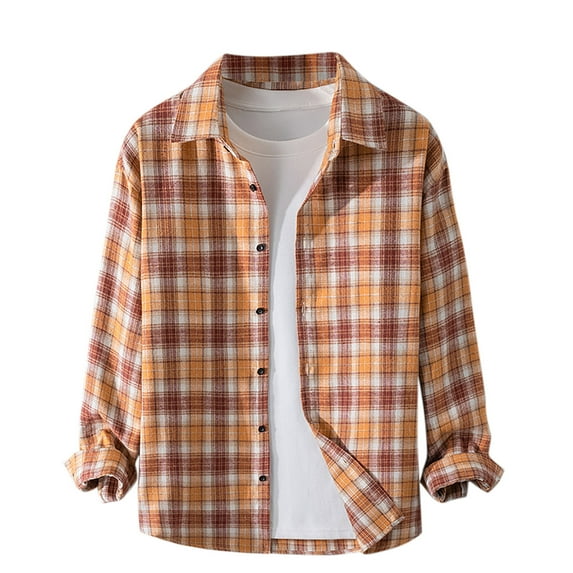 Plaid Print Shirt for Men Lightweight Long Sleeve Button Down Blouses Fall Casual Striped Collar Loose Top (Orange L)