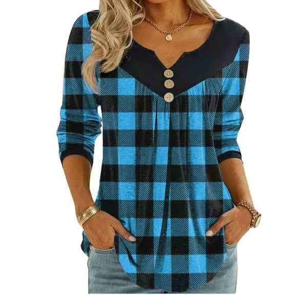 Plaid Print Tunic Tops for Women Long Sleeve Buttons V Neck Casual Trendy Autumn T Shirts Curved Hem S-3X Plus Size (XX-Large, Blue)