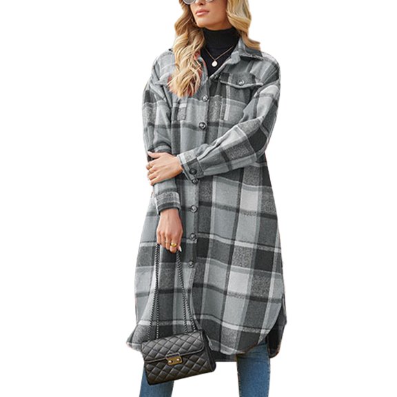 Plaid Print, Turn-Down Collar, Single-Row Button, Loose Fit, Split Hem, with Pockets - Size S Grey Women's Shacket