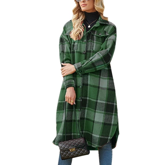 Plaid Print, Turn-Down Collar, Single-Row Button, Loose Fit, Split Hem, with Pockets Women's Green XL Shacket