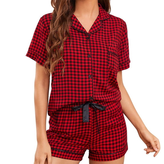 Plaid Print Womens Pjs Short Sleeve V Neck Pajama Set Drawstring Shorts Soft Comfy Casual Lounge Sleepwear Lightweight Summer Two Piece Pajama Set